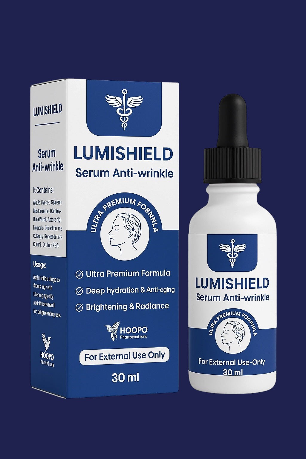 Hoopoepharm Lumishield anti-wrinkle serum bottle and box featuring a blue and white design with a dropper applicator.