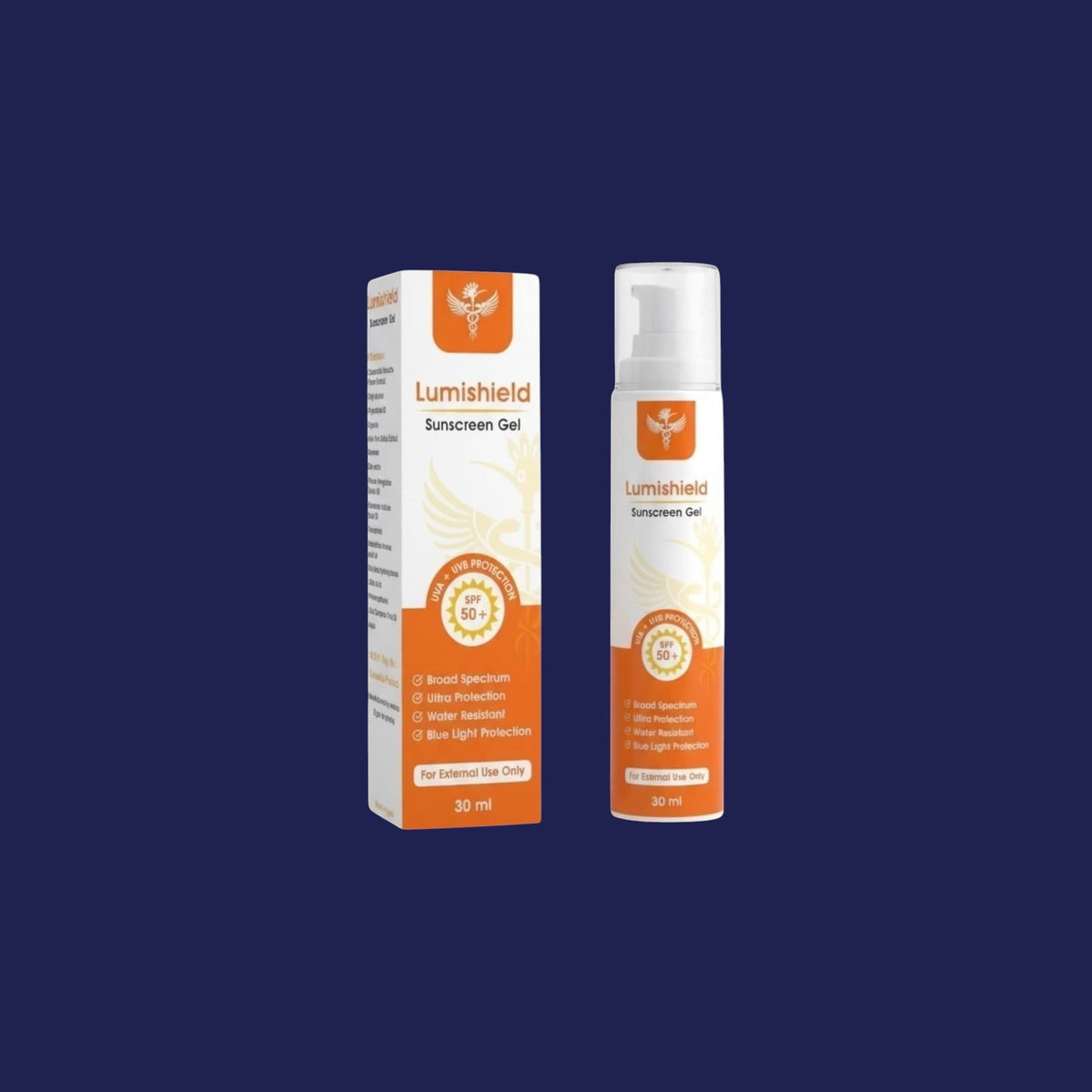 Hoopoepharm Lumishield SPF 50+ broad-spectrum sunscreen gel bottle and box for face and body protection