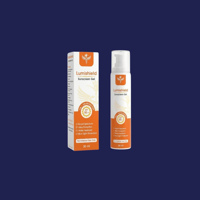 Hoopoepharm Lumishield SPF 50+ broad-spectrum sunscreen gel bottle and box for face and body protection.