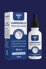 Hoopoepharm Lumishield anti-wrinkle serum bottle and box featuring a blue and white design with a dropper applicator.