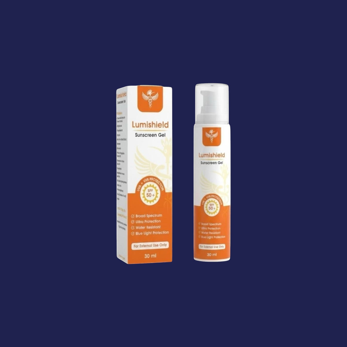Hoopoepharm Lumishield SPF 50+ broad-spectrum sunscreen gel bottle and box for face and body protection