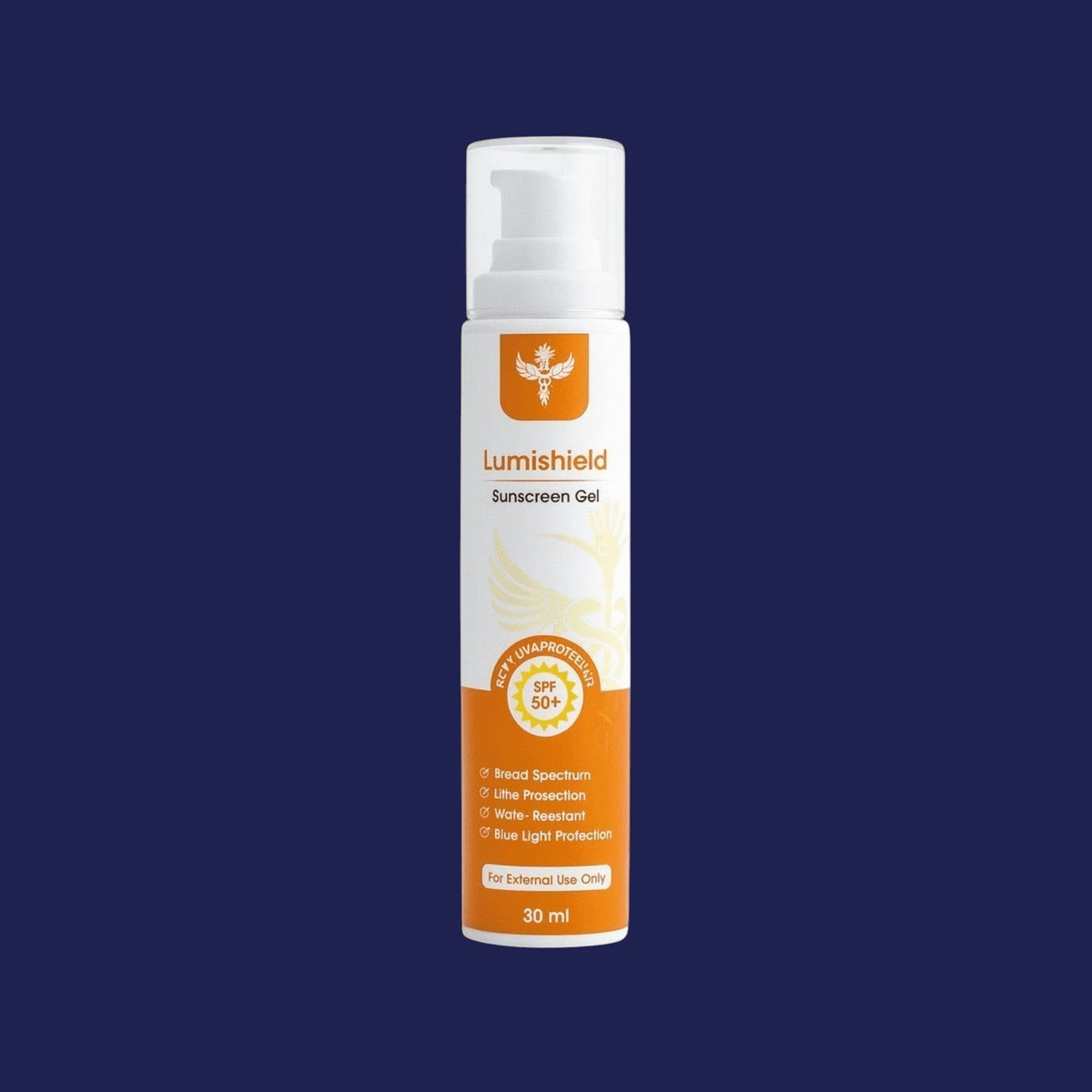 Hoopoepharm Lumishield SPF 50+ broad-spectrum sunscreen gel in a white pump bottle for face and body protection