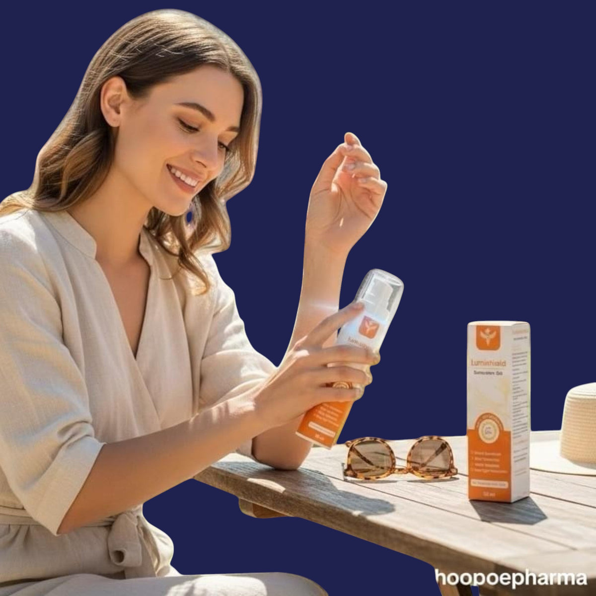 A woman applying Hoopoepharm Lumishield SPF 50+ sunscreen gel to her arm while sitting at an outdoor table.