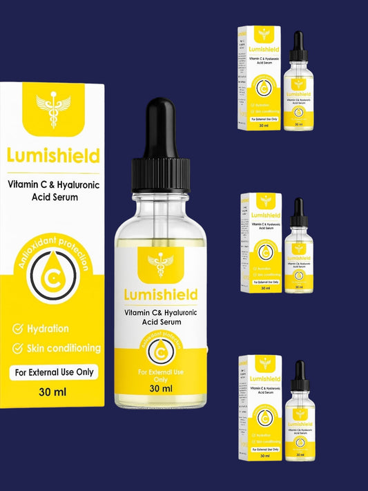 Hoopoepharm Lumishield Vitamin C and Hyaluronic Acid serum bottle and box for brightening and hydrating skin care.