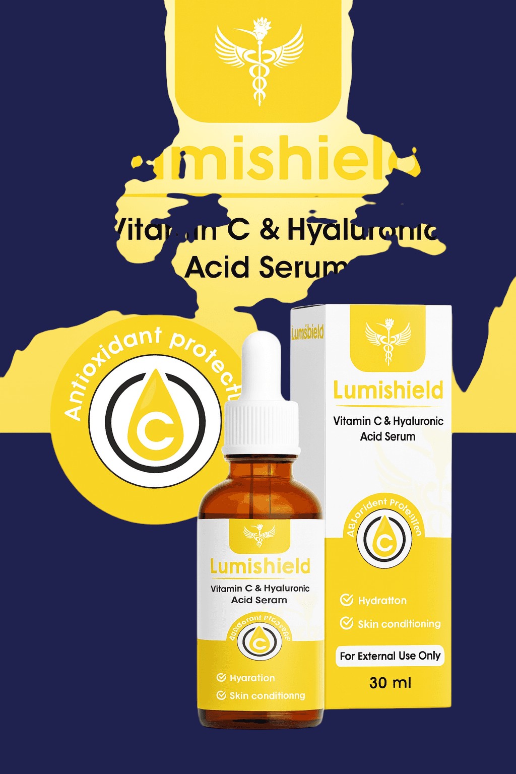 Hoopoepharm Lumishield Vitamin C and Hyaluronic Acid serum bottle and box for skin brightening and hydration