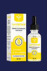 Hoopoepharm Lumishield Vitamin C and Hyaluronic Acid serum bottle and packaging box on a dark blue background.